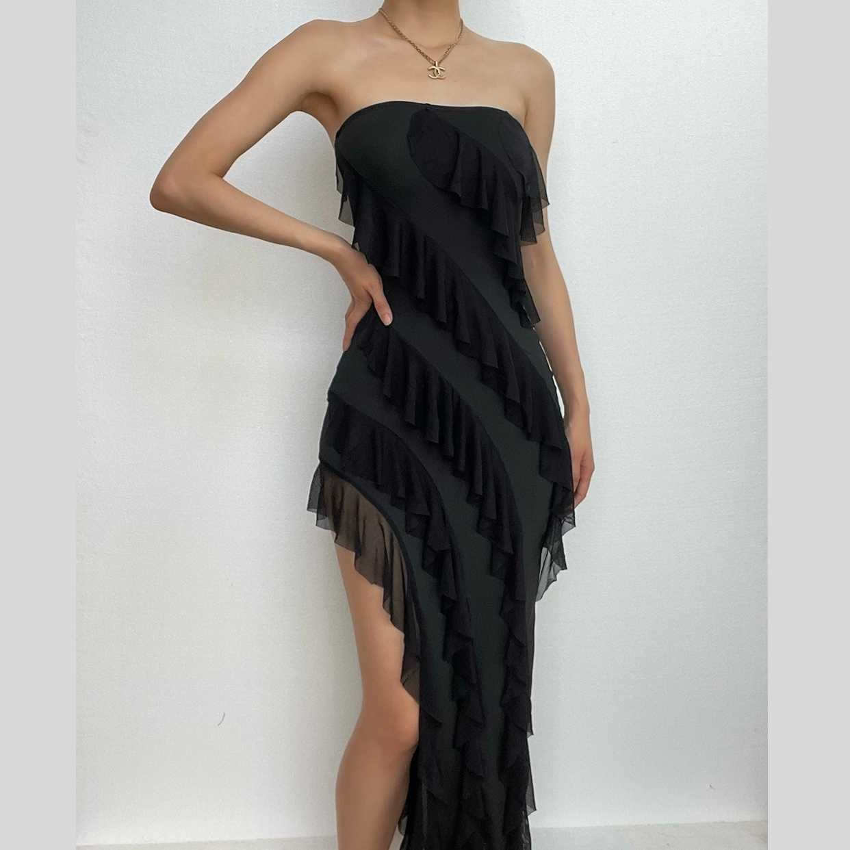 Irregular backless solid ruffle slit tube midi dress - Image 2