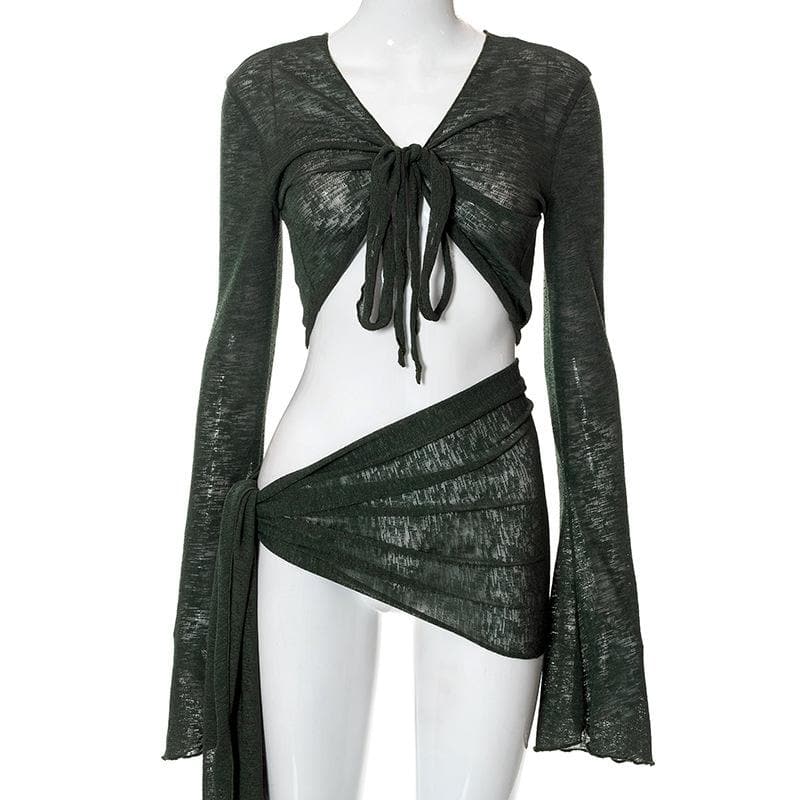 Sheer mesh see through v neck knotted irregular long sleeve skirt set - Image 3