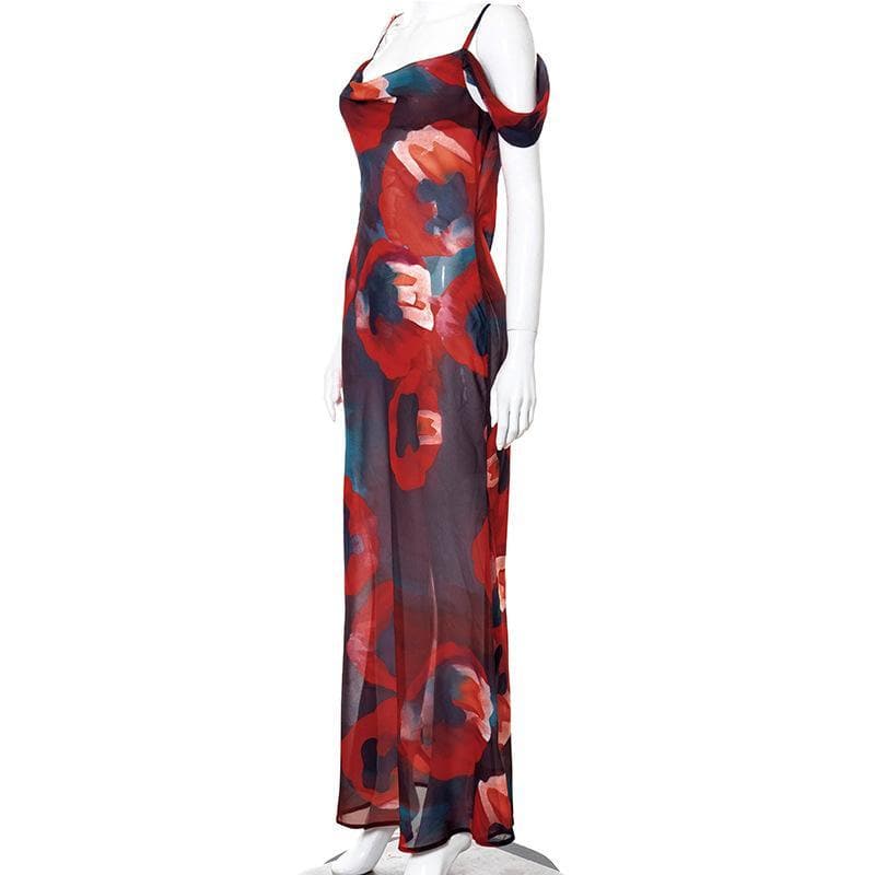 Off shoulder see through chiffon print maxi dress - Image 4
