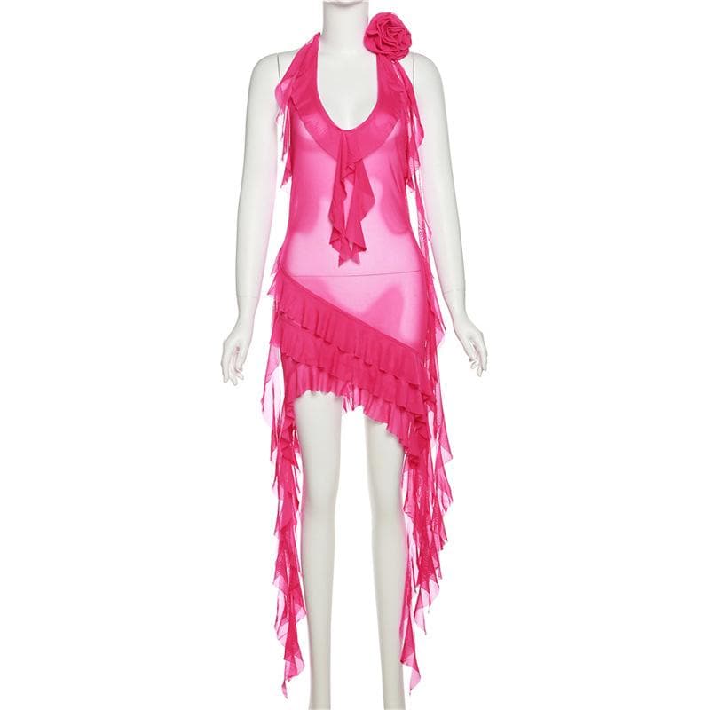 See through halter sheer mesh ruffle flower applique mini dress - Image 4