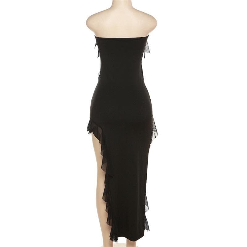 Irregular backless solid ruffle slit tube midi dress - Image 6