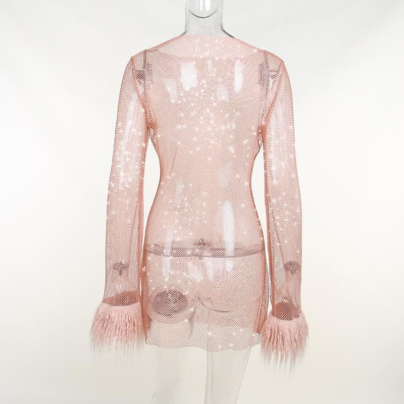 Long sleeve solid see through sheer mesh fluffy round neck mini dress - Image 5