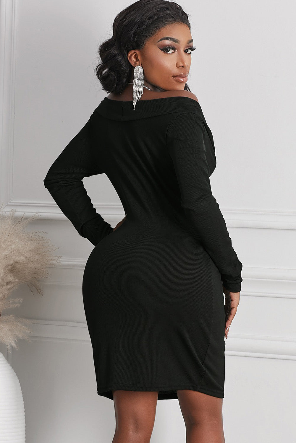 Women's Deep V Neck Long Sleeve Pencil Short Dress Bodycon Mini Dress - Image 4