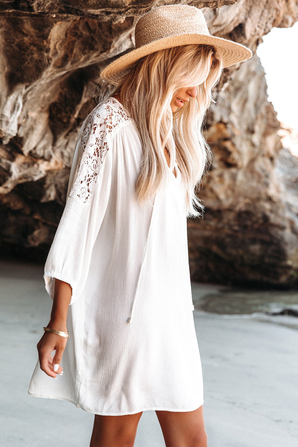Women's Summer T Shirt Dress V Neck Lace Shoulder Loose Beach Mini Dress - Image 2