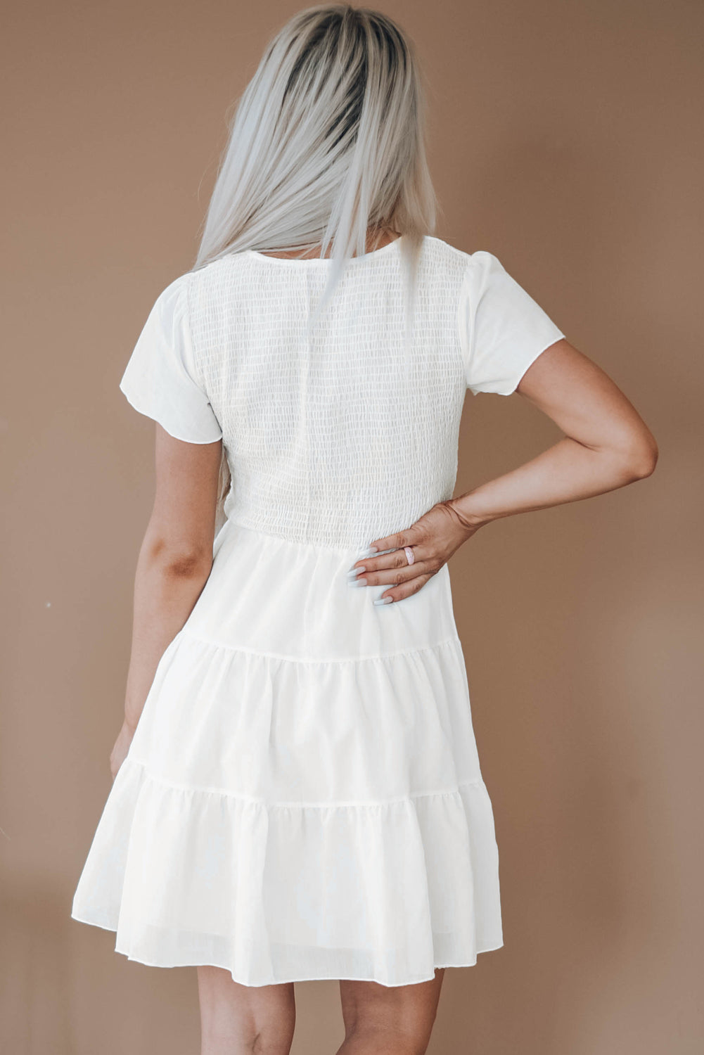 Womens Ruffle Sleeve Layered Mini Dress Smocked Flowy Mini Dress - Image 2