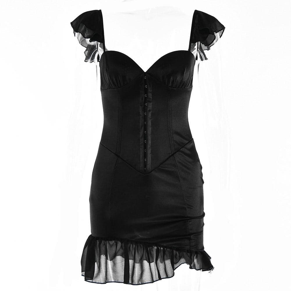 Solid ruched cap sleeve ruffle button mini dress - Image 2