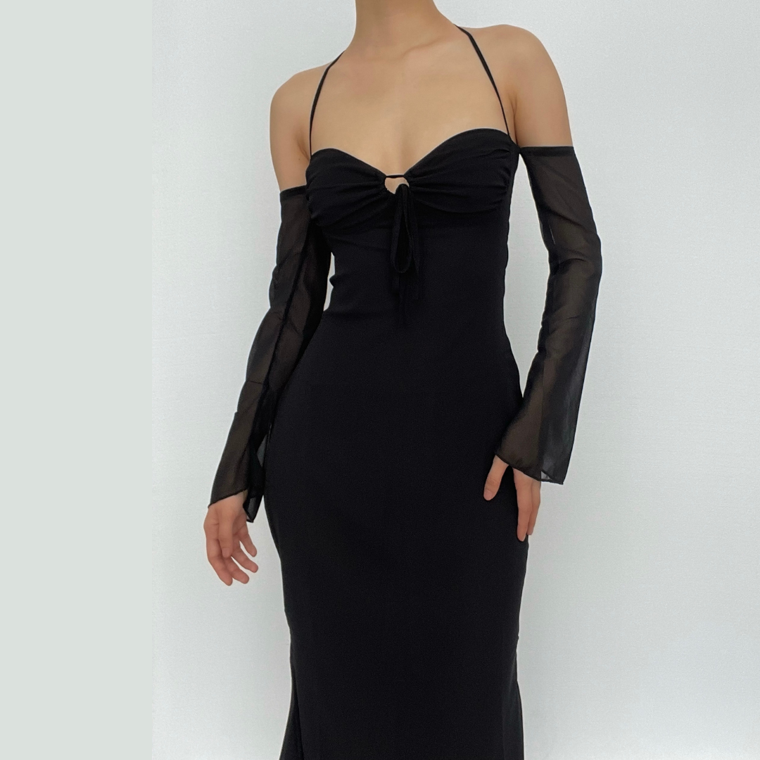 Low cut halter off shoulder long flared sleeve midi dress - Image 13