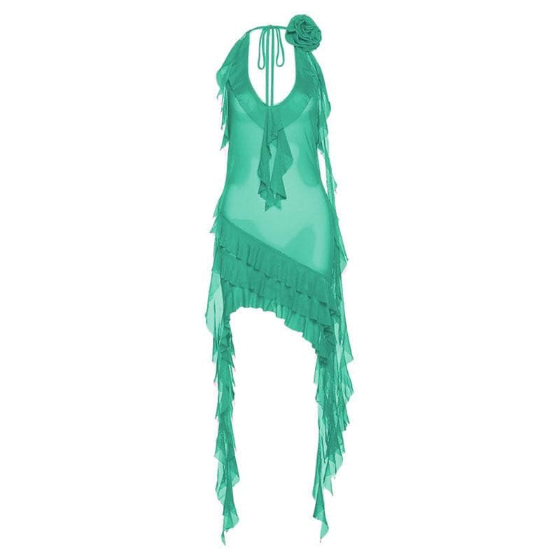 See through halter sheer mesh ruffle flower applique mini dress - Image 10