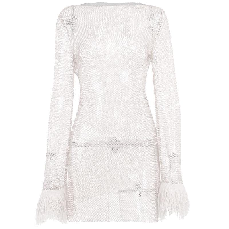 Long sleeve solid see through sheer mesh fluffy round neck mini dress - Image 11