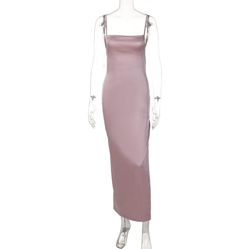 Sleeveless solid slit self tie backless satin midi dress - Image 3
