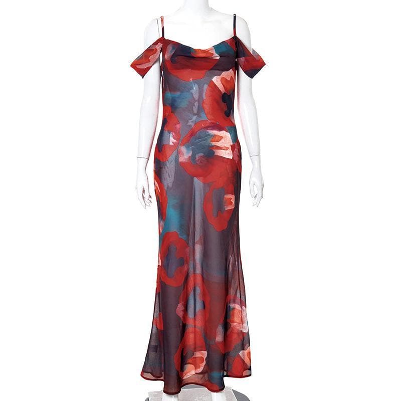 Off shoulder see through chiffon print maxi dress - Image 3