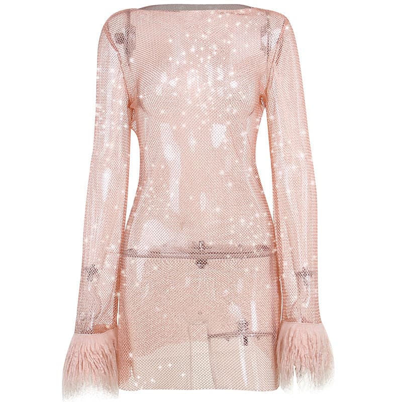 Long sleeve solid see through sheer mesh fluffy round neck mini dress - Image 2