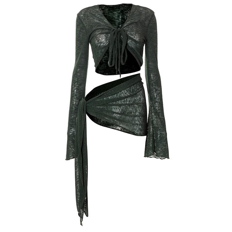 Sheer mesh see through v neck knotted irregular long sleeve skirt set - Image 2