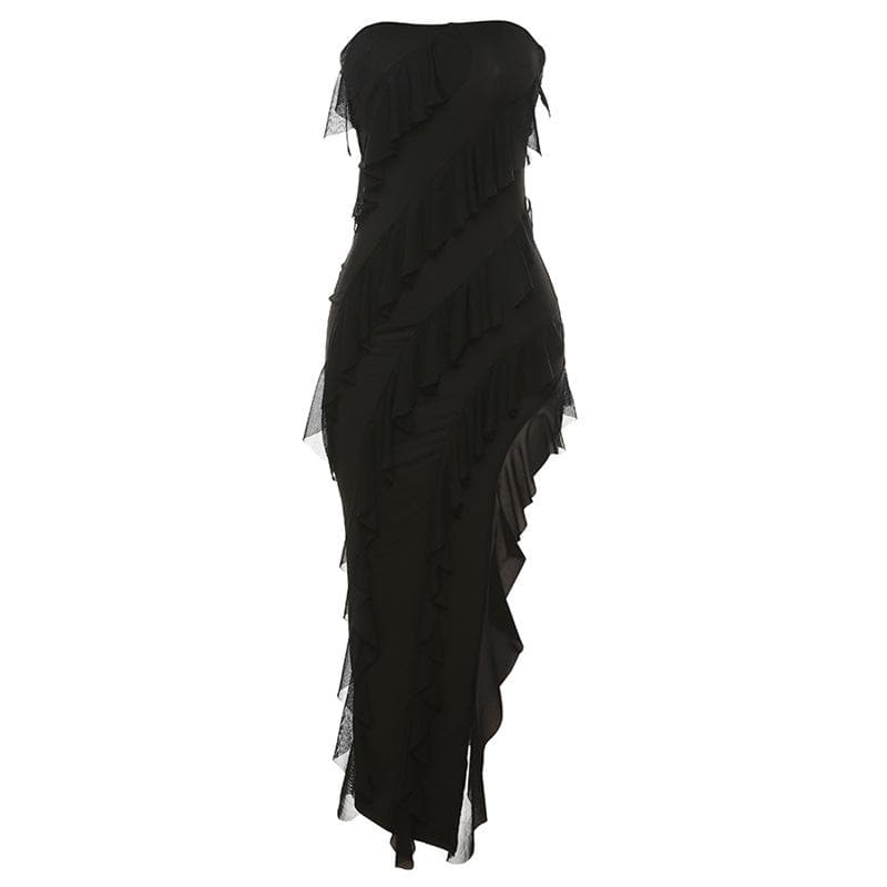 Irregular backless solid ruffle slit tube midi dress - Image 3