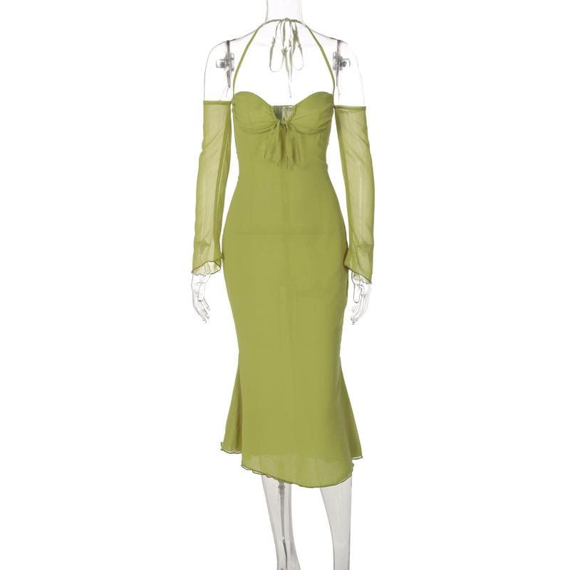 Low cut halter off shoulder long flared sleeve midi dress - Image 6