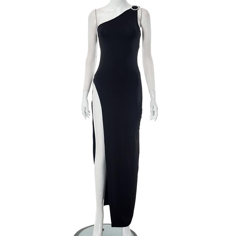 Buckle one shoulder slit irregular solid maxi dress - Image 4