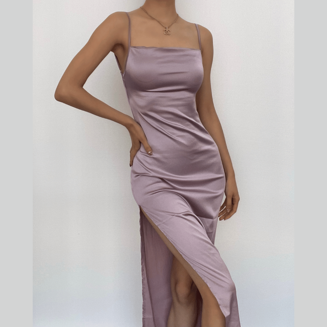 Sleeveless solid slit self tie backless satin midi dress - Image 9
