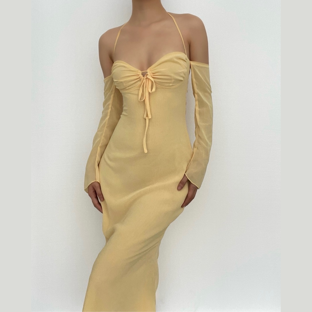 Low cut halter off shoulder long flared sleeve midi dress - Image 16