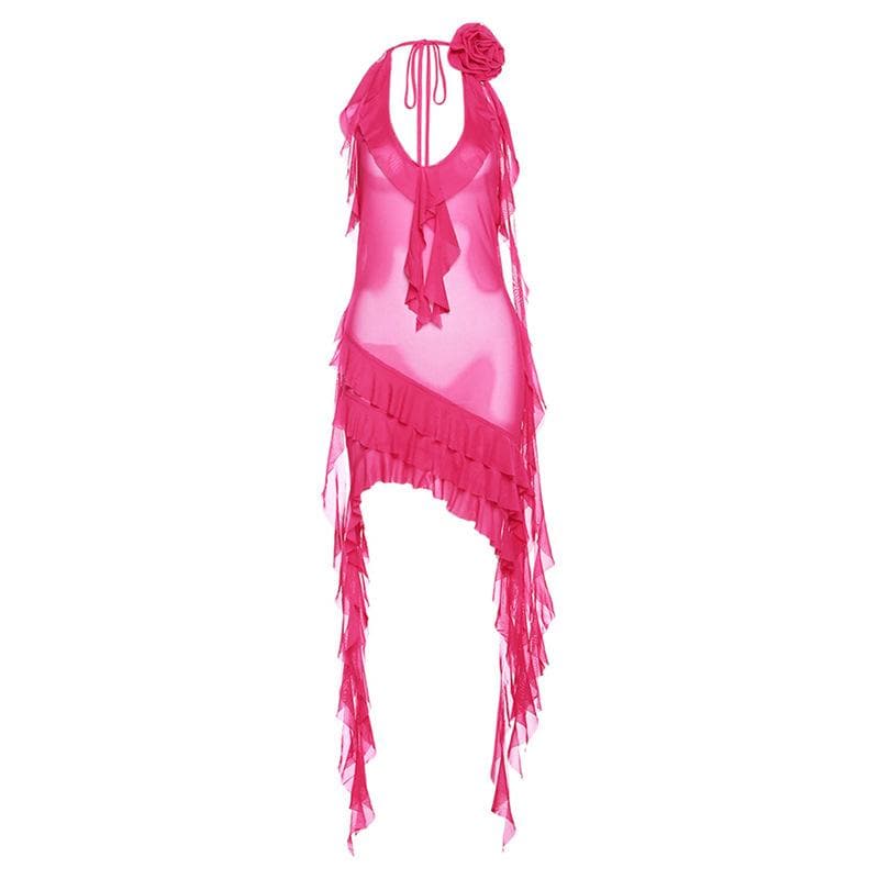 See through halter sheer mesh ruffle flower applique mini dress - Image 12