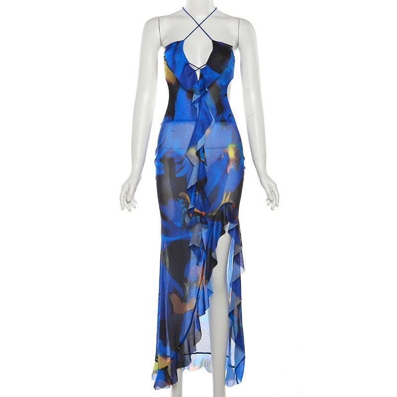 Cross front backless sheer mesh see through slit contrast print maxi dress - Image 4