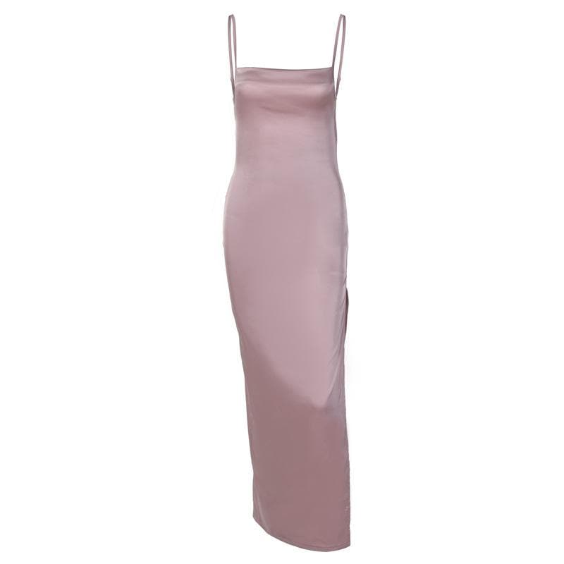 Sleeveless solid slit self tie backless satin midi dress - Image 2