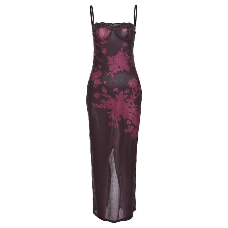 Lace hem contrast flower pattern slit cami midi dress - Image 2