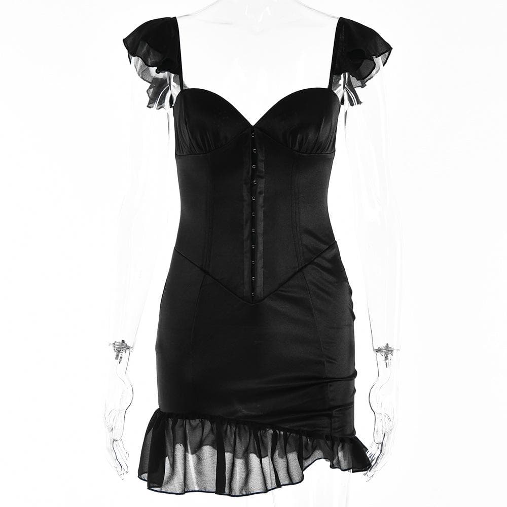 Solid ruched cap sleeve ruffle button mini dress - Image 3