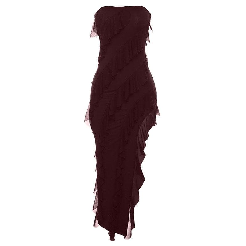 Irregular backless solid ruffle slit tube midi dress - Image 10