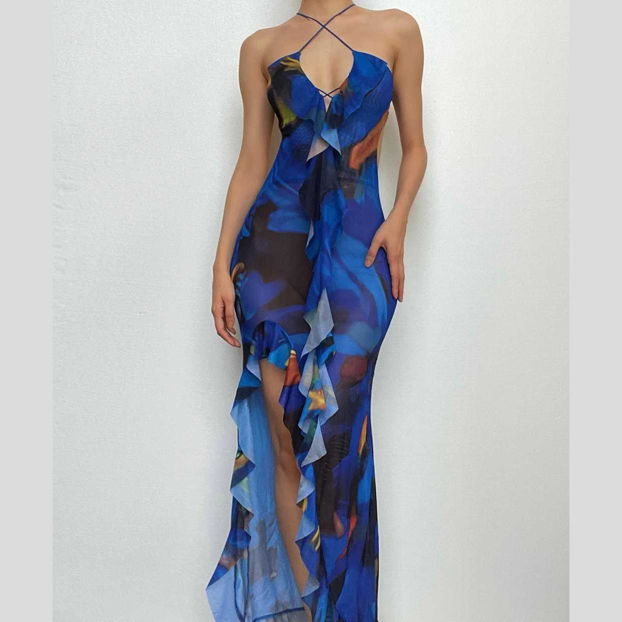 Cross front backless sheer mesh see through slit contrast print maxi dress - Image 2