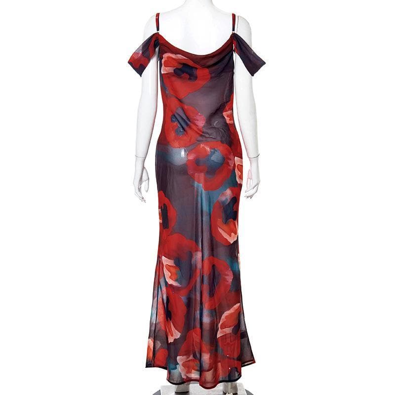 Off shoulder see through chiffon print maxi dress - Image 5
