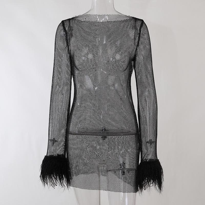 Long sleeve solid see through sheer mesh fluffy round neck mini dress - Image 10