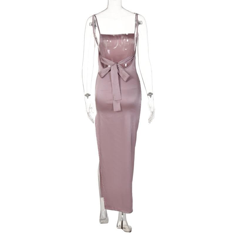 Sleeveless solid slit self tie backless satin midi dress - Image 5
