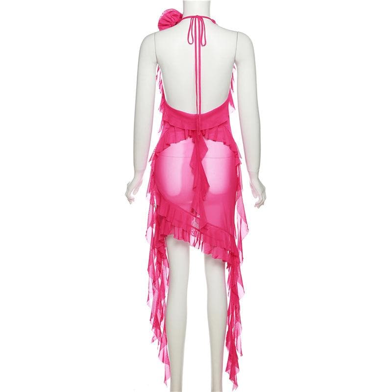 See through halter sheer mesh ruffle flower applique mini dress - Image 6