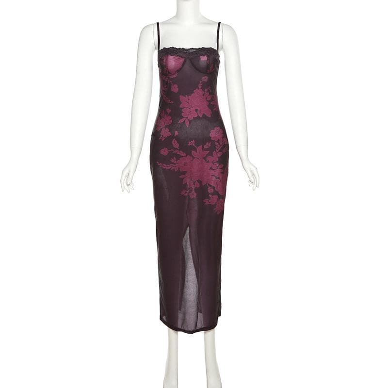 Lace hem contrast flower pattern slit cami midi dress - Image 3