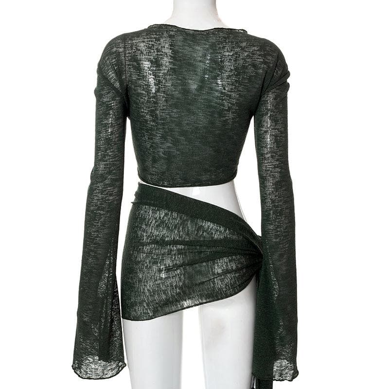 Sheer mesh see through v neck knotted irregular long sleeve skirt set - Image 5