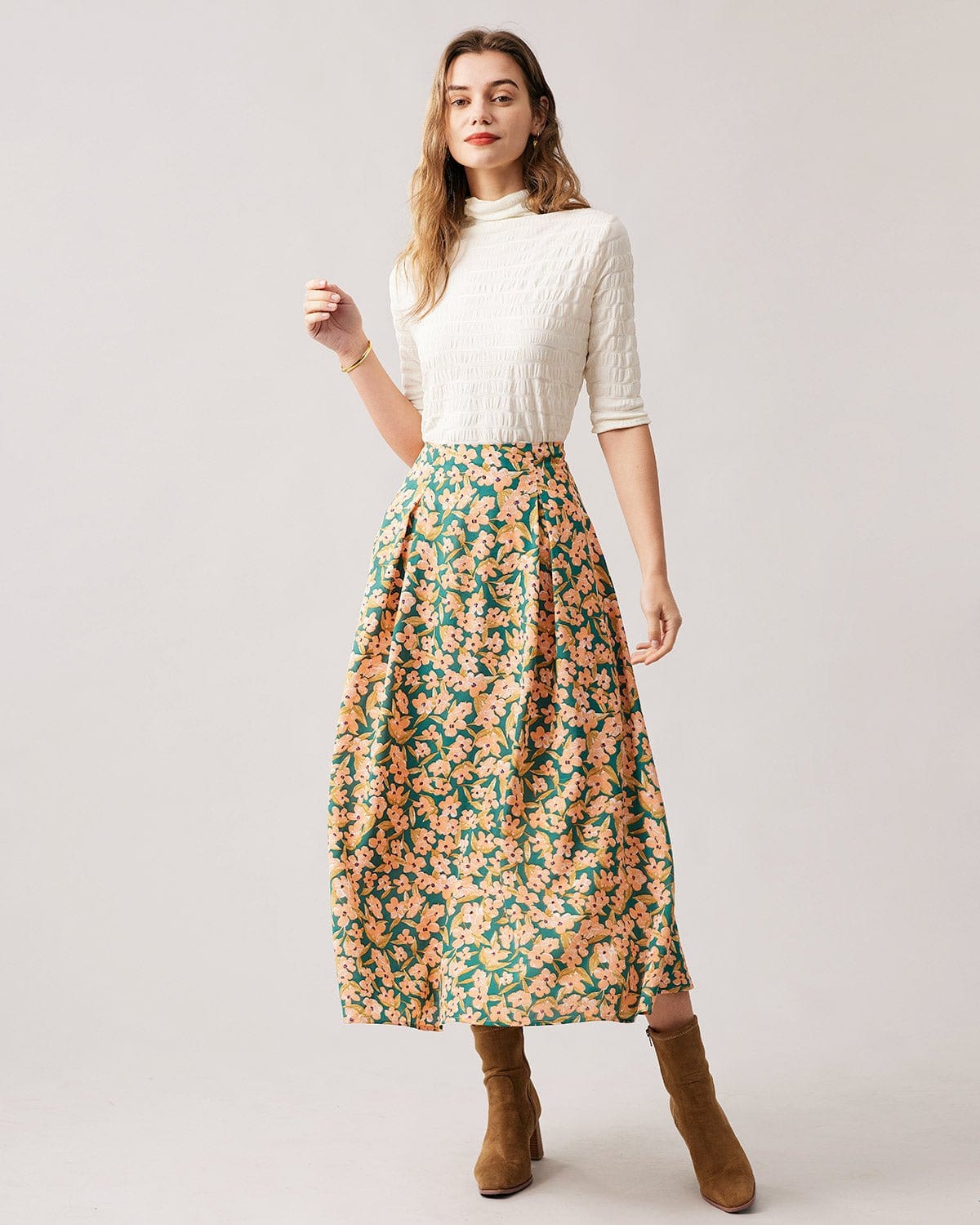 The High Waisted Pleated Floral Midi Skirt - Image 2