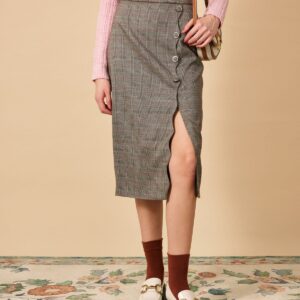 The High Waisted Side Slit Plaid Midi Skirt