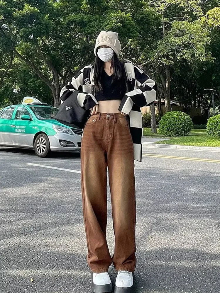 Feynzz European And American Retro Brown Jeans Women's Spring And Autumn High-waisted Straight-leg Loose And Thin Wide-leg Pants - Image 6