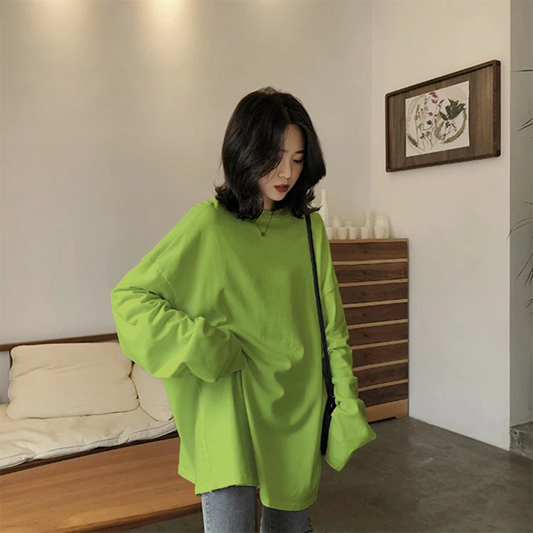 spring autumn Solid Simple oversized tshirt harajuku long T Shirt Women kawaii T-shirts Women 90s White yellow long Sleeve Tops - Image 5