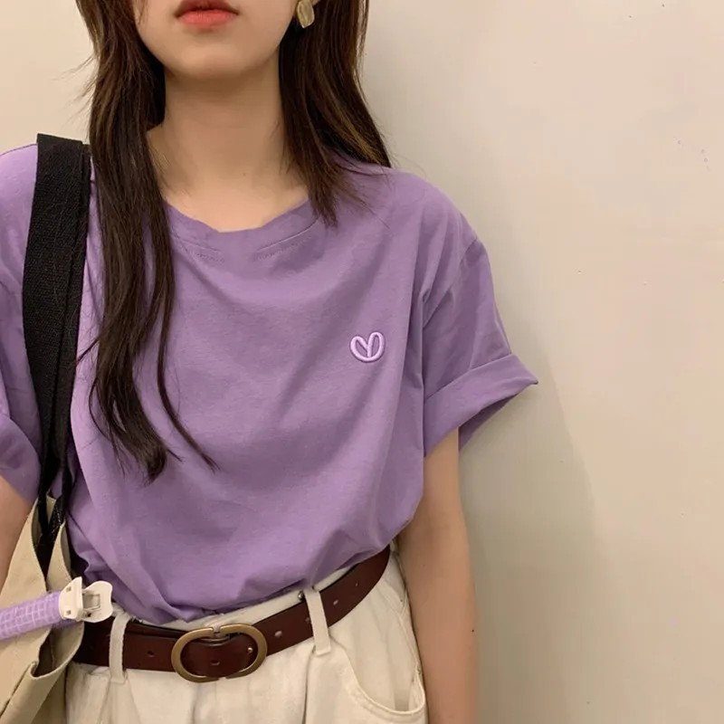 Summer Loose Round Neck T-Shirt Simple Embroidery Casual Versatile Short Sleeved Tees Women's Cozy Cotton Solid Color Top