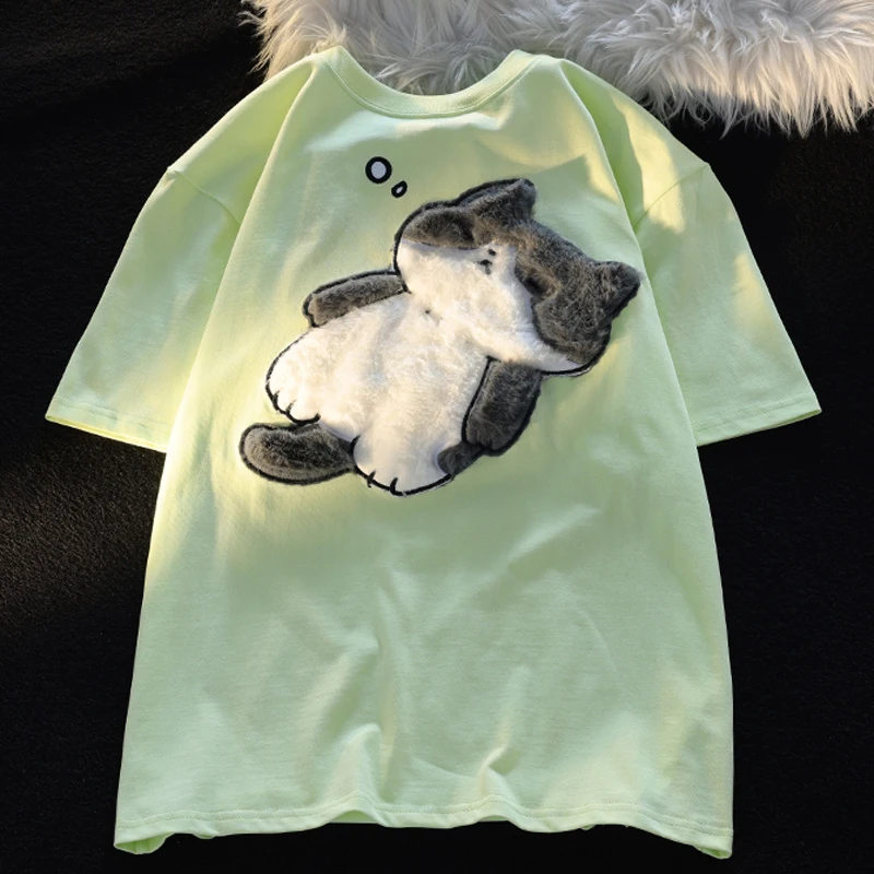 2024 Summer New Cartoon Cat Women's T-shirt Korean Simple Casual Women's Short Sleeve T-shirt Fun Sweet Cute Y2K Tops - Image 4
