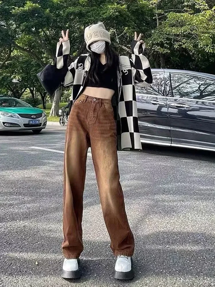 Feynzz European And American Retro Brown Jeans Women's Spring And Autumn High-waisted Straight-leg Loose And Thin Wide-leg Pants - Image 2