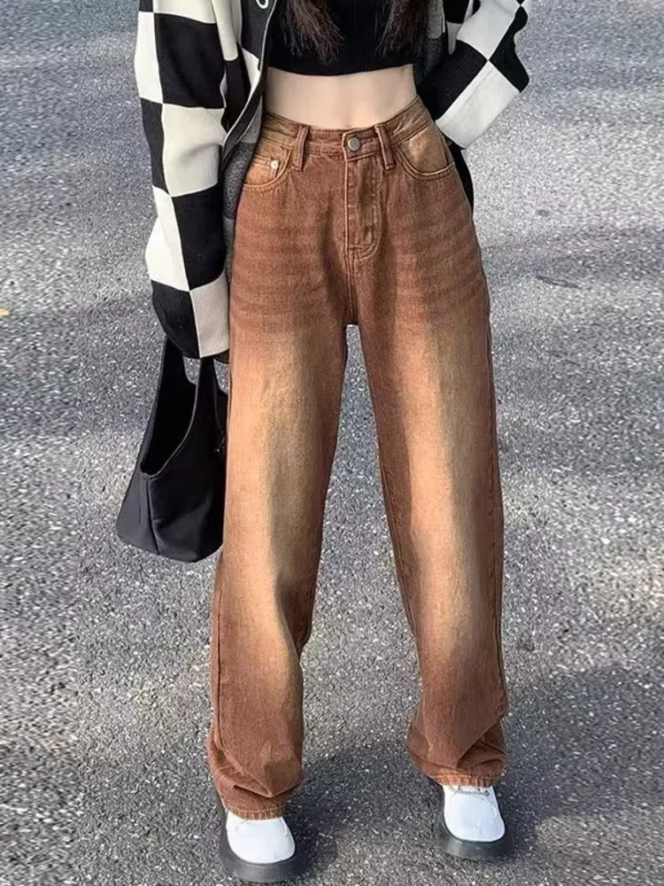 Feynzz European And American Retro Brown Jeans Women's Spring And Autumn High-waisted Straight-leg Loose And Thin Wide-leg Pants - Image 4