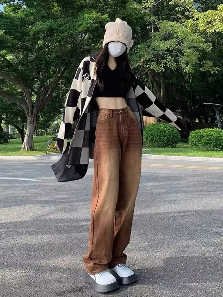 Feynzz European And American Retro Brown Jeans Women's Spring And Autumn High-waisted Straight-leg Loose And Thin Wide-leg Pants