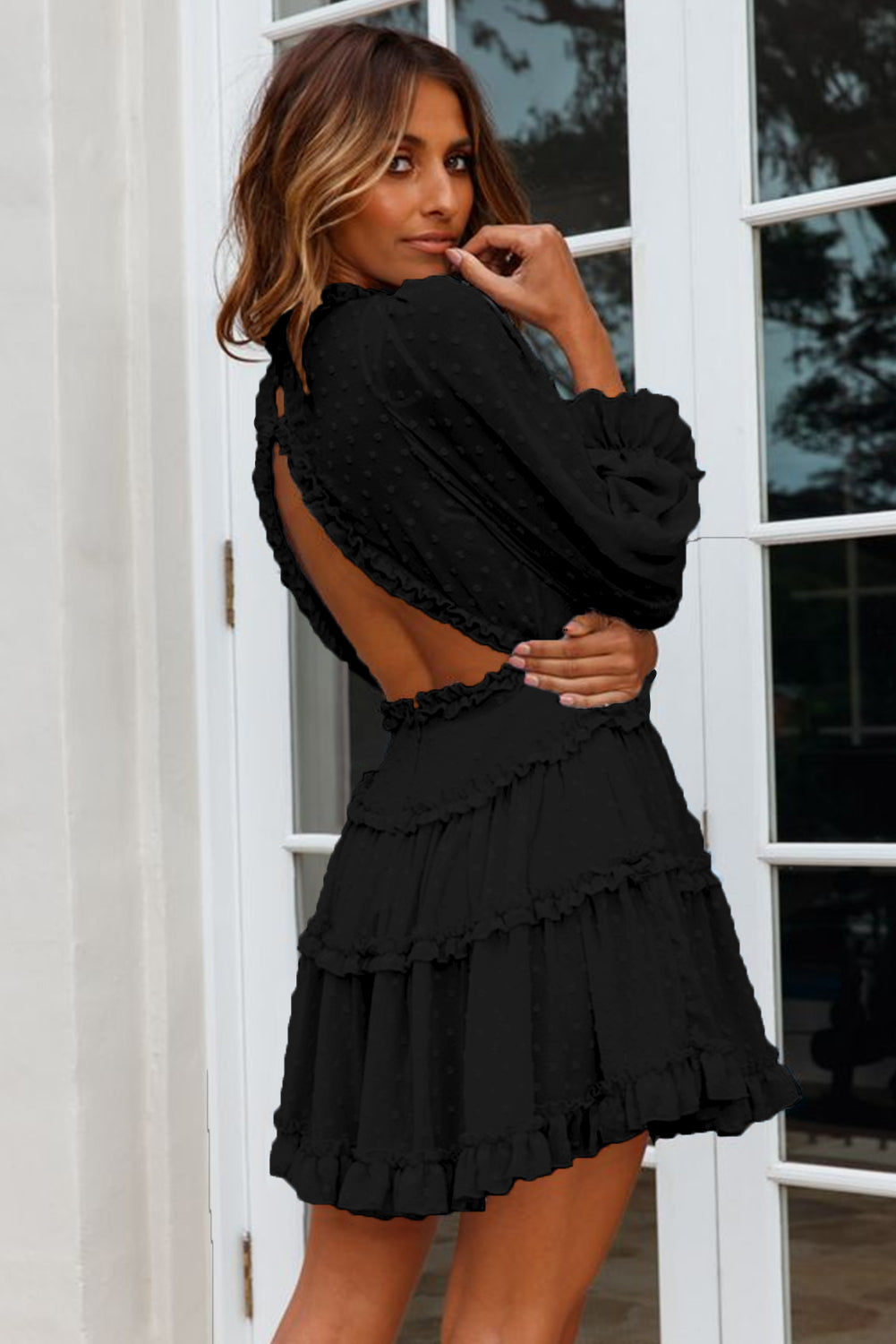 Womens Puff Sleeve Swiss Dot Dress Ruffle Backless Loose Summer Flowy Mini Dress - Image 7