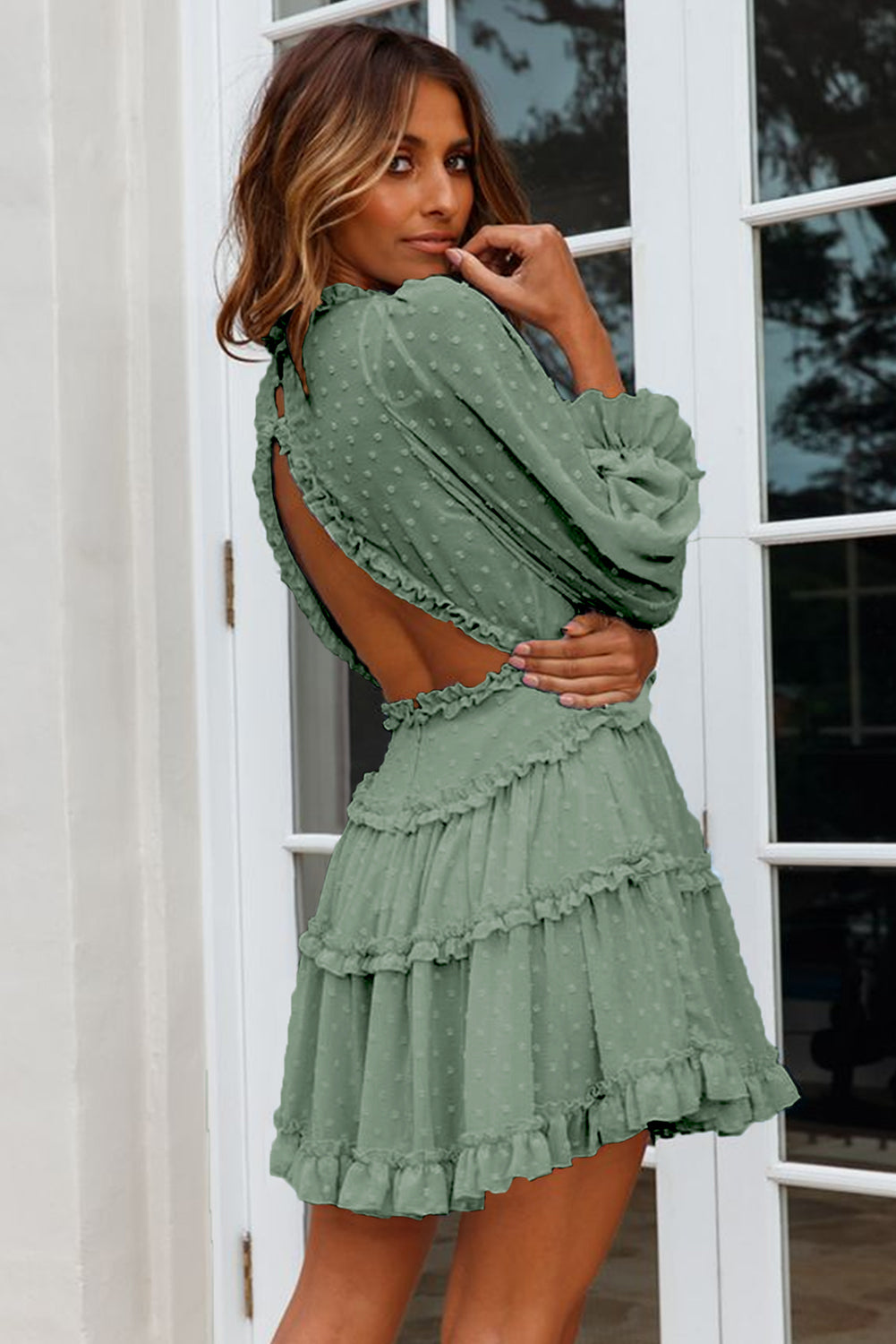 Womens Puff Sleeve Swiss Dot Dress Ruffle Backless Loose Summer Flowy Mini Dress - Image 2