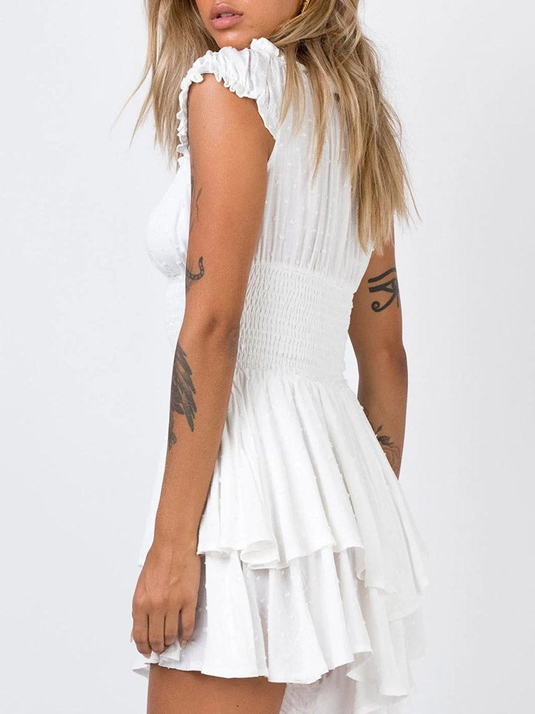 Women's Summer Puff Sleeve Off Shoulder Mini Dress A-Line Ruffle Flowy Swing Dress - Image 2