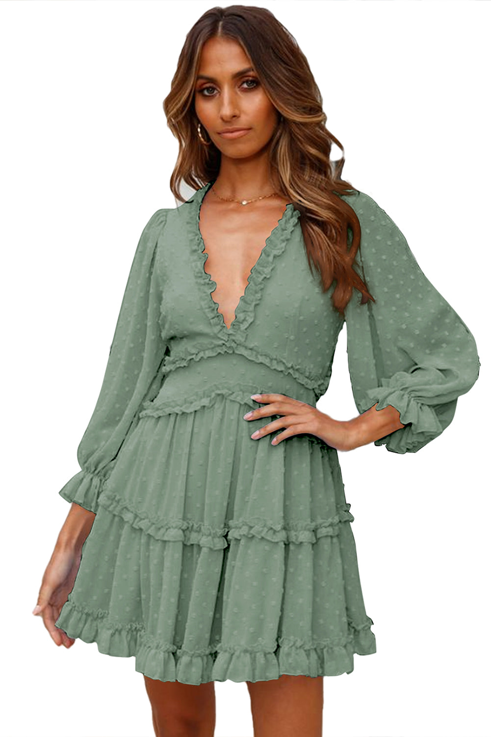 Womens Puff Sleeve Swiss Dot Dress Ruffle Backless Loose Summer Flowy Mini Dress - Image 5