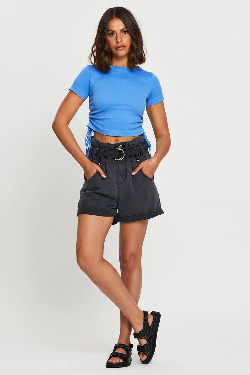 Black Belted Denim Shorts High Rise - Image 3